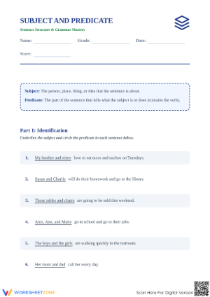 Printable Subject and Predicate Worksheet | Grade 4 ELA