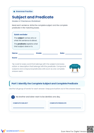 Printable Subject and Predicate Worksheet | Grades 4-5