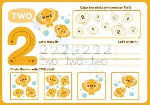 Number 2 Worksheet: Trace, Count & Color Shells for Preschoolers