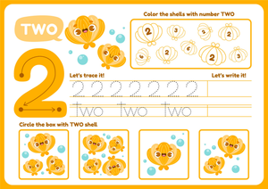 Number 2 Worksheet: Trace, Count & Color Shells for Preschoolers