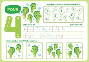 Number 4 Worksheet: Trace, Write & Count Seahorses