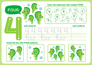 Number 4 Worksheet: Trace, Write & Count Seahorses
