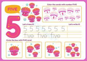 Number 5 Coral Worksheet: Trace, Color & Count