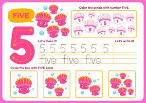 Number 5 Coral Worksheet: Trace, Color & Count