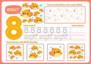 Number 8 Worksheet: Trace, Count, and Color Blowfish