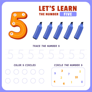 Number 5 Worksheet: Trace, Count & Find with Markers