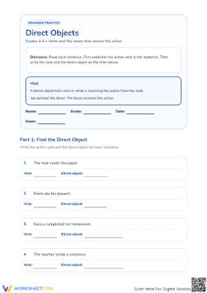Grade 4-5 Direct Objects — Printable No-Prep Worksheet