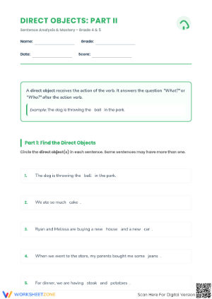Printable Direct Objects Worksheet | Grade 4 & 5 Mastery
