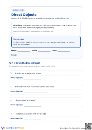 Printable Direct Objects Worksheet | Grade 4-5 ELA