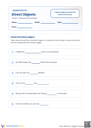 Direct Objects Worksheet | Printable Grade 4-5 ELA