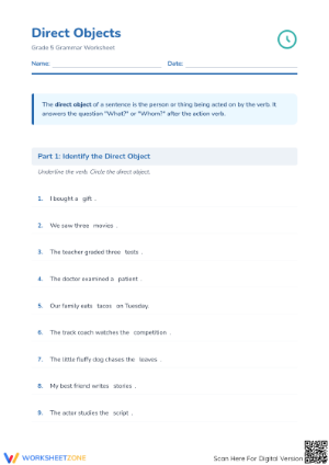 Direct Objects Worksheet | Grade 5 ELA Printable