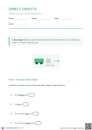 Direct Objects Worksheet | Grade 4 & 5 Essential Grammar