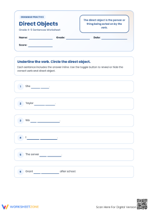 Printable Direct Objects Worksheet | Grade 4-5 ELA