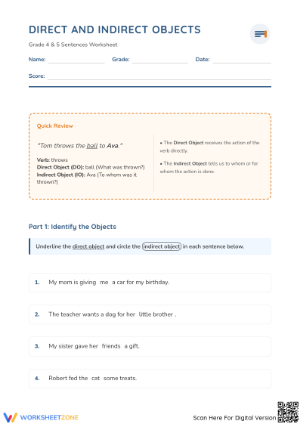 Direct and Indirect Objects Worksheet | Grade 4 Printable