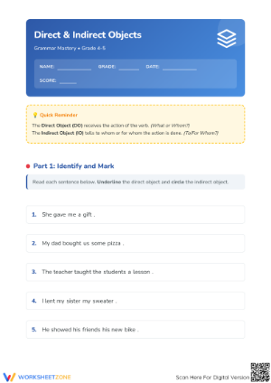 Direct and Indirect Objects Worksheet | Grade 4-5 Essential
