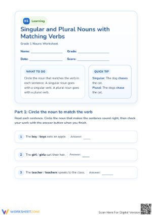 Essential Grade 1 Subject-Verb Agreement Worksheet