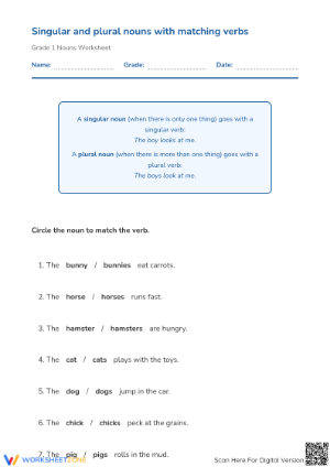 Subject-Verb Agreement Worksheet | Grade 1 Essential