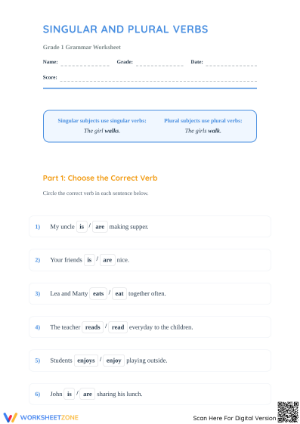Essential Singular and Plural Verbs Worksheet | Grade 1