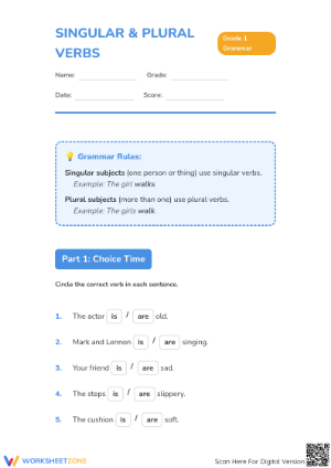 Printable Singular and Plural Verbs Worksheet | Grade 1 ELA