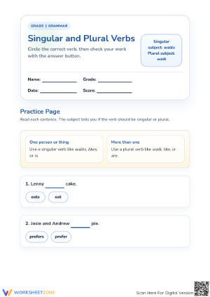 Printable Grade 1 Singular and Plural Verbs Worksheet