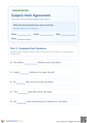 Essential Subject-Verb Agreement Practice | Grade 1