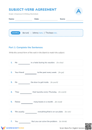 Printable Subject-Verb Agreement Worksheet | Grade 1 ELA