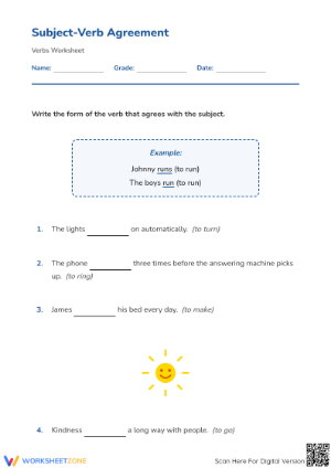 Subject-Verb Agreement Printable Worksheet | Grade 1 ELA