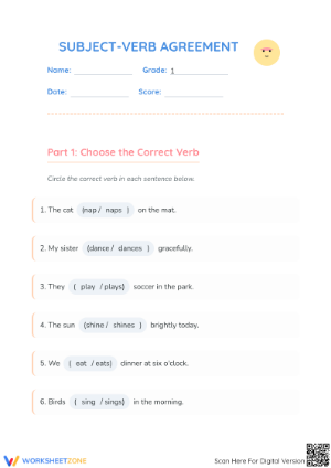 Printable Subject-Verb Agreement Worksheet | Grade 1 ELA