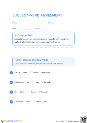 Essential Grade 1 Subject-Verb Agreement Worksheet