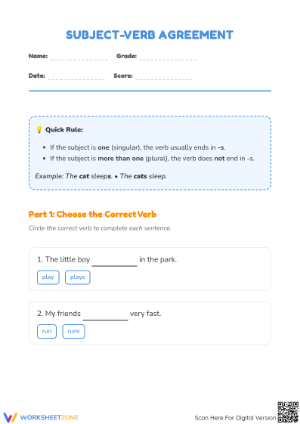 Printable Grade 1 Subject-Verb Agreement Worksheet Pack