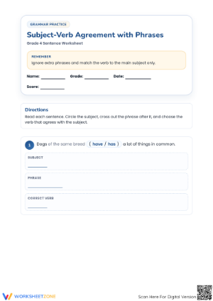 Printable Subject-Verb Agreement Worksheet | Grade 4 ELA