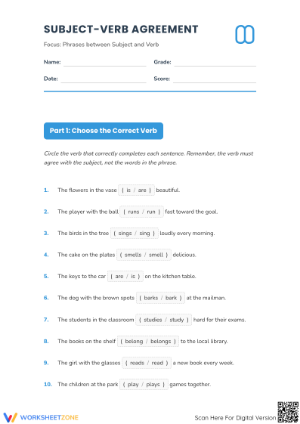 Printable Subject-Verb Agreement Phrases Worksheet | Grade 4