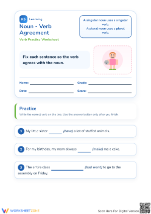 Noun-Verb Agreement Worksheet | Printable Grade 1 ELA