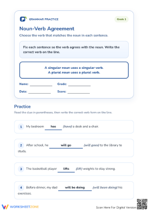 Printable Noun-Verb Agreement Worksheet | Grade 1 ELA