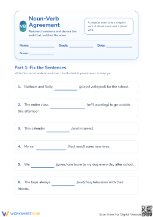 Noun-Verb Agreement Worksheet | Grade 1 Printable ELA