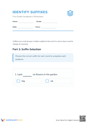 Printable Identify Suffixes Worksheet | Grade 1 ELA
