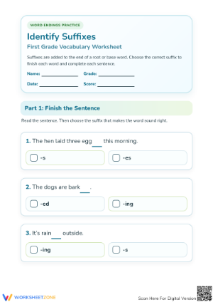 Printable Identify Suffixes Worksheet | Grade 1 ELA