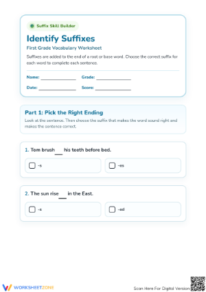 Grade 1 Suffixes — Printable No-Prep Essential Worksheet