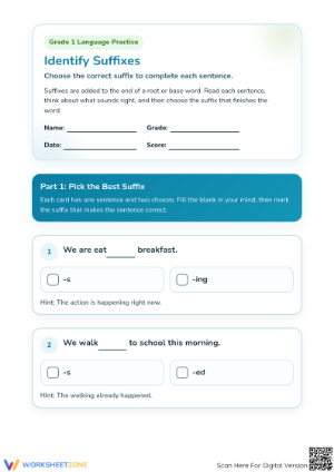 Grade 1 Suffixes — Printable No-Prep Worksheet