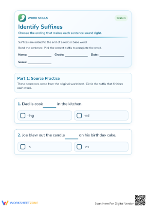 Identify Suffixes Worksheet | Grade 1 Printable ELA