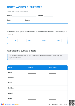 Essential Root Words & Suffixes Worksheet | Grade 1 ELA