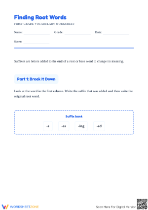 Printable Root Words & Suffixes Worksheet | Grade 1 Ready