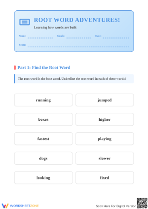Printable Root Words and Suffixes Worksheet | Grade 1 ELA