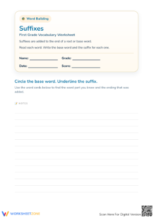 Printable Suffixes Worksheet | Grade 1 & 2 ELA Vocabulary
