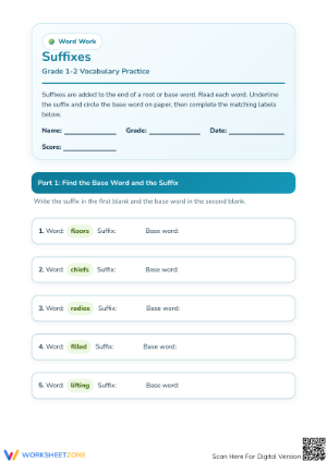 Printable Suffixes Worksheet | Grade 1-2 ELA Practice