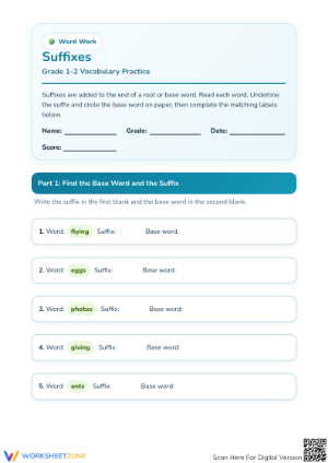 Essential Suffixes and Base Words Worksheet | Grade 1-2