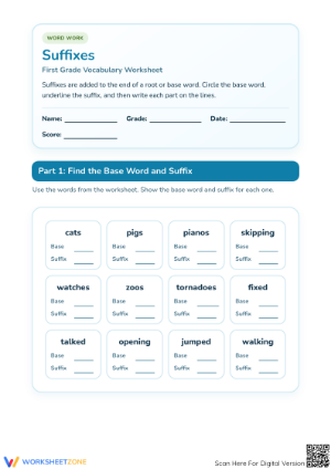 Printable Suffixes Worksheet | Grade 1-2 ELA