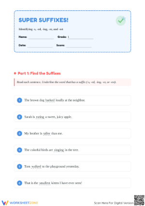 Essential Suffixes Practice Worksheet | Grade 1 ELA