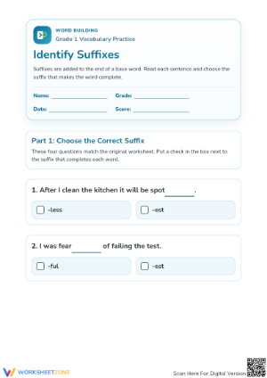 Identify Suffixes Worksheet: Grade 1 Essential Practice