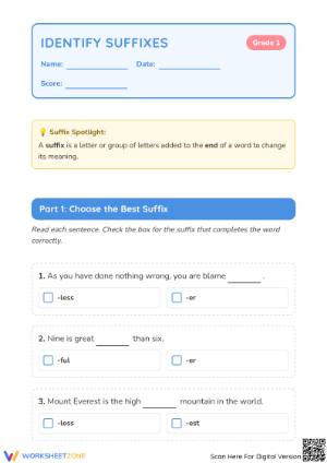 Essential Identify Suffixes Worksheet | Grade 1 ELA